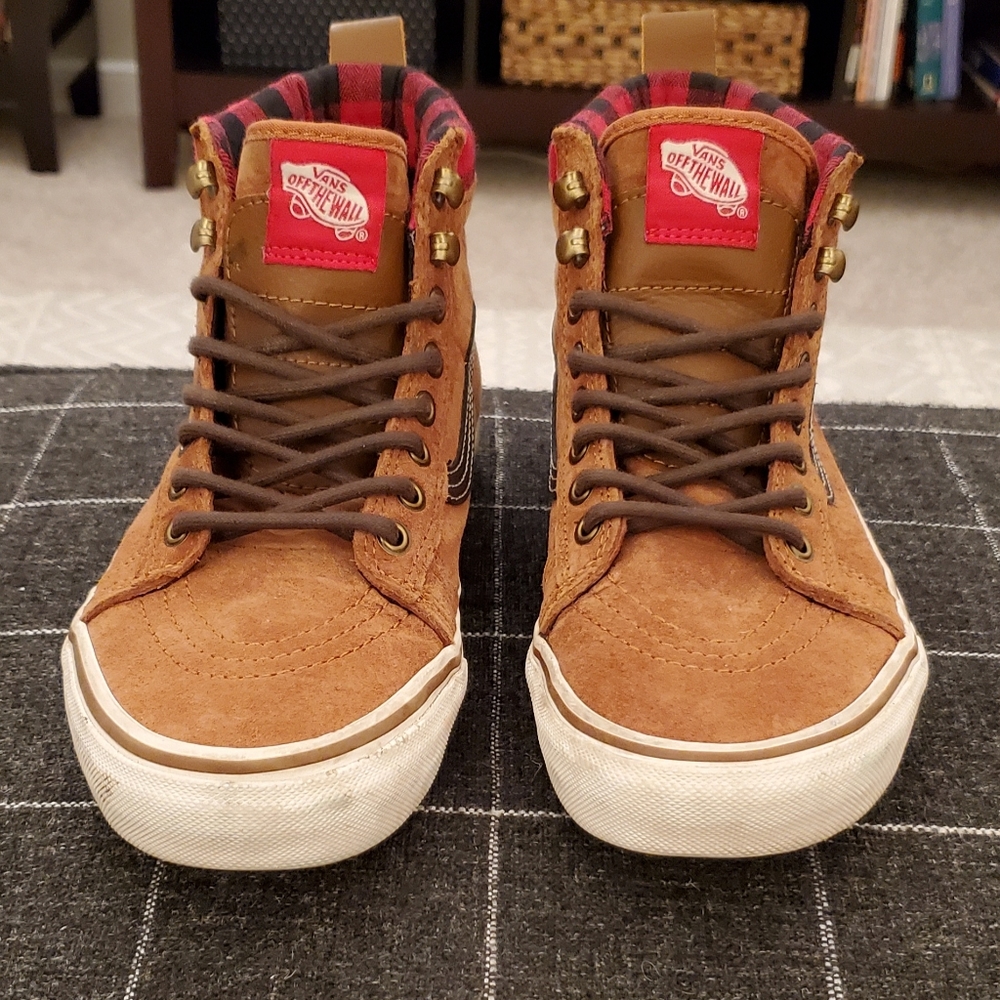 Vans Sk8 Hi Suede Pumpkin Spice with Plaid, Size 7/8.5.